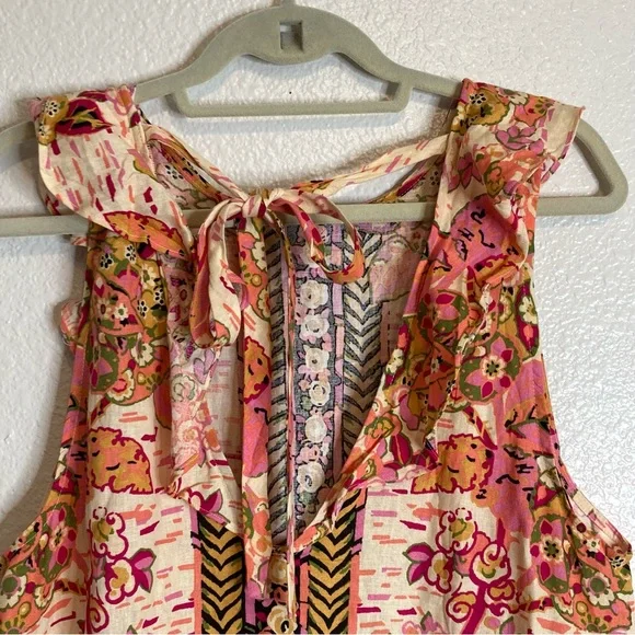 FREE PEOPLE SUMMER IN TULUM LINEN BLEND TUNIC PEBLUM PINK FLORAL mini dress/TOP - Picture 10 of 16